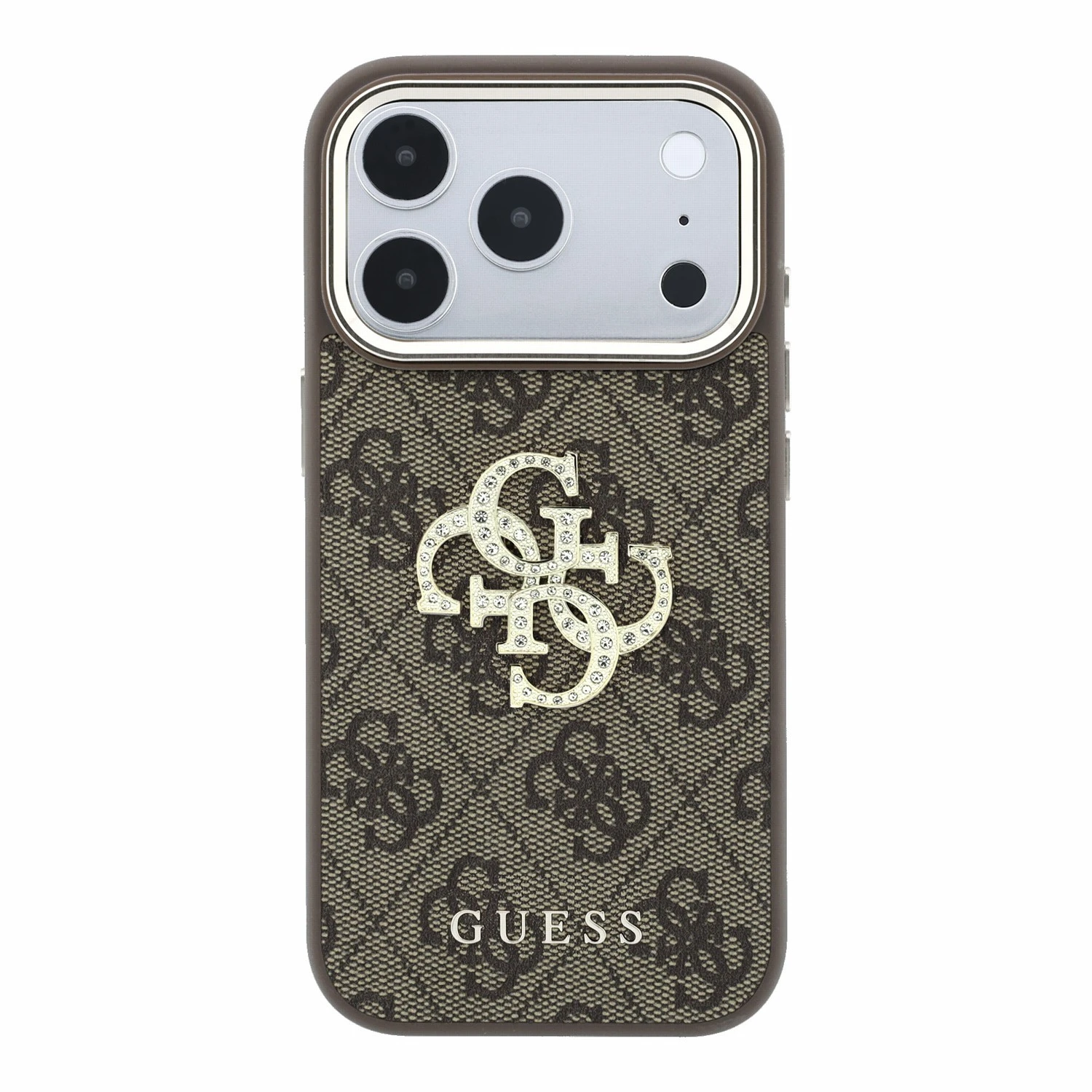 Guess PU 4G Strass Metal Logo Zadní Kryt pro iPhone 18 Pro Brown