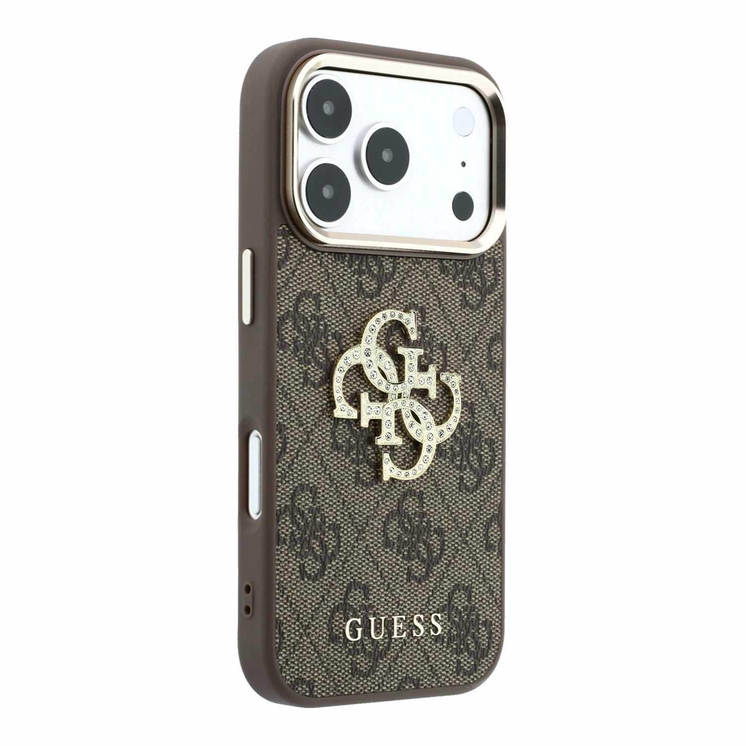 Guess PU 4G Strass Metal Logo Zadní Kryt pro iPhone 18 Pro Brown
