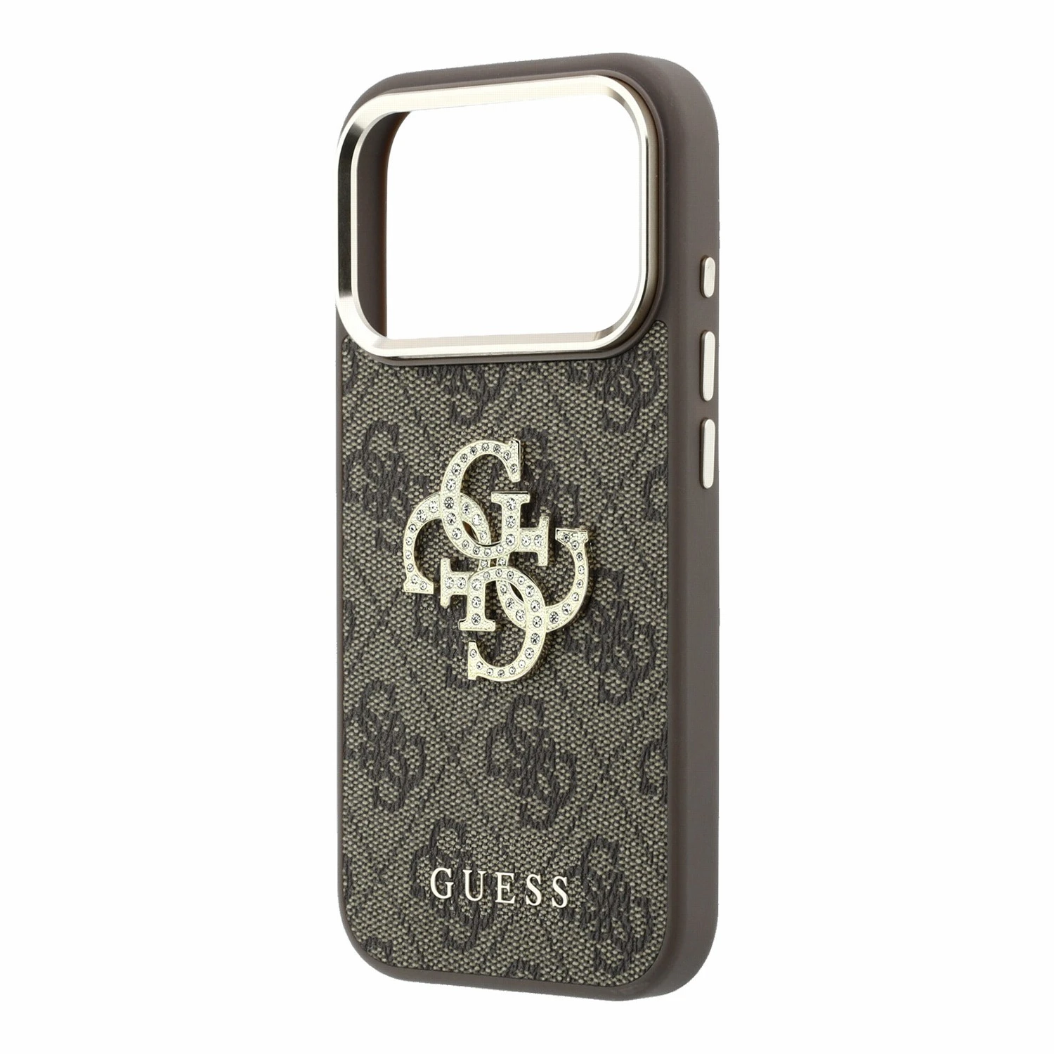 Guess PU 4G Strass Metal Logo Zadní Kryt pro iPhone 18 Pro Brown