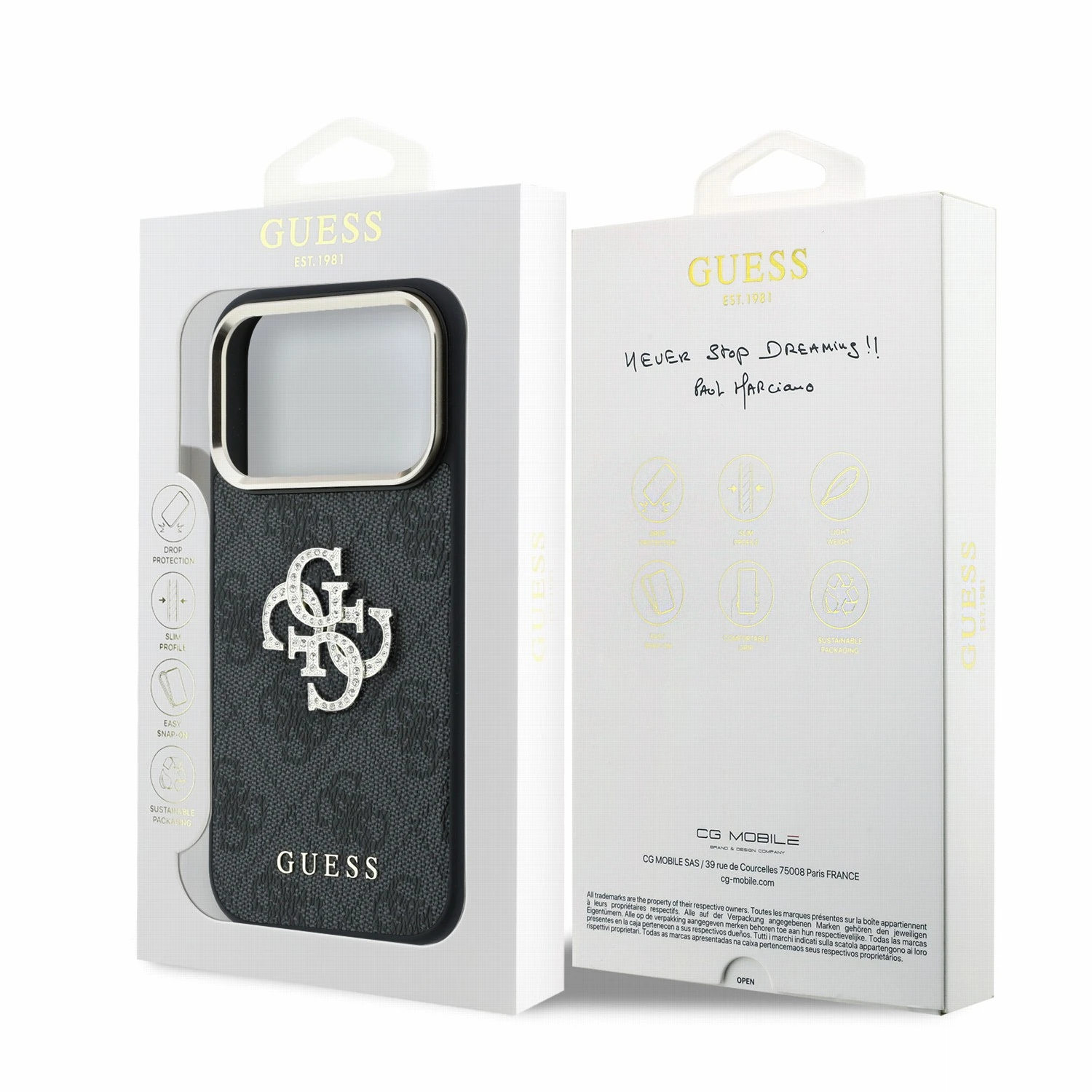 Guess PU 4G Strass Metal Logo Zadní Kryt pro iPhone 18 Pro Black