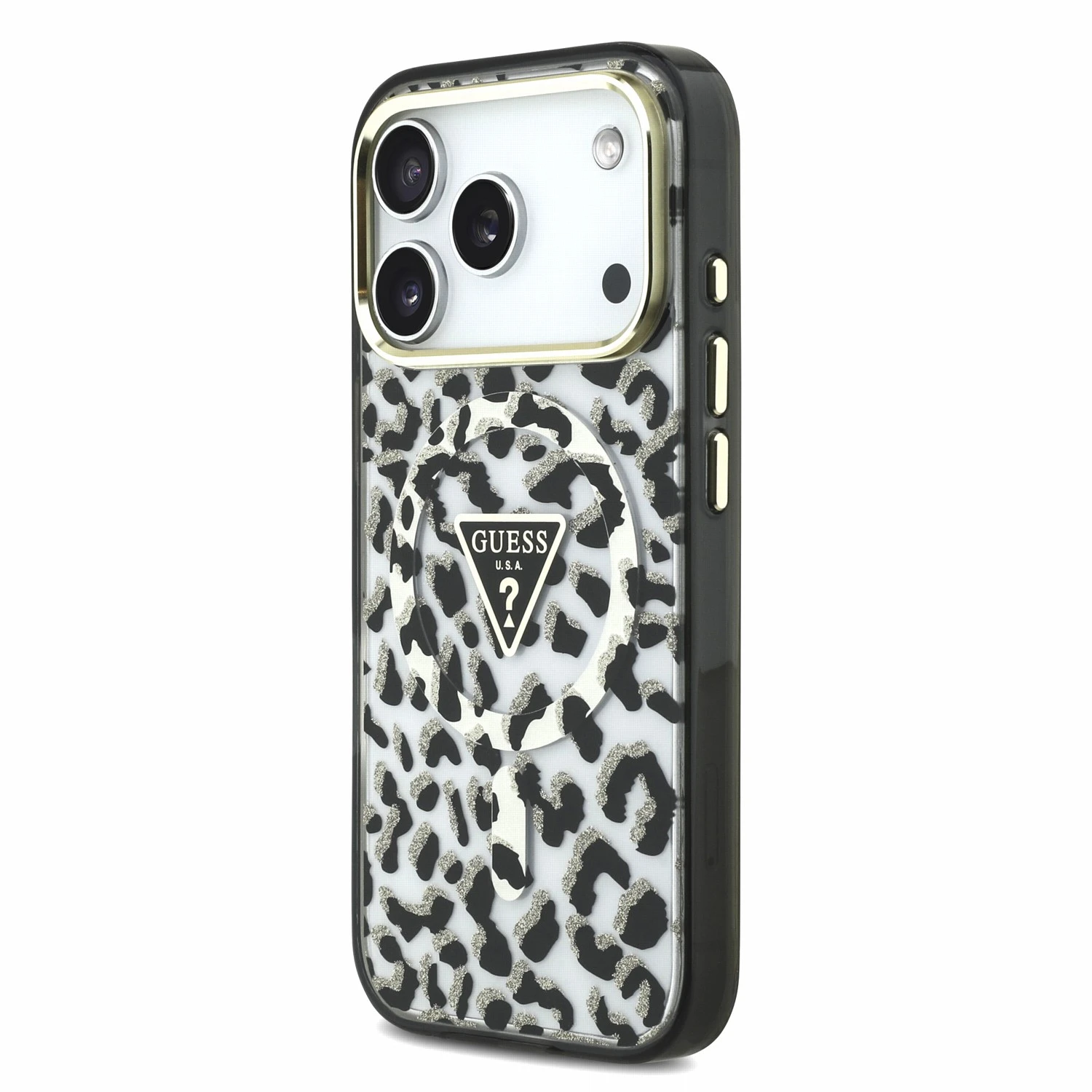 Guess IML Glitter Leopard Triangle Logo MagSafe Zadní Kryt pro iPhone 18 Pro Max Black