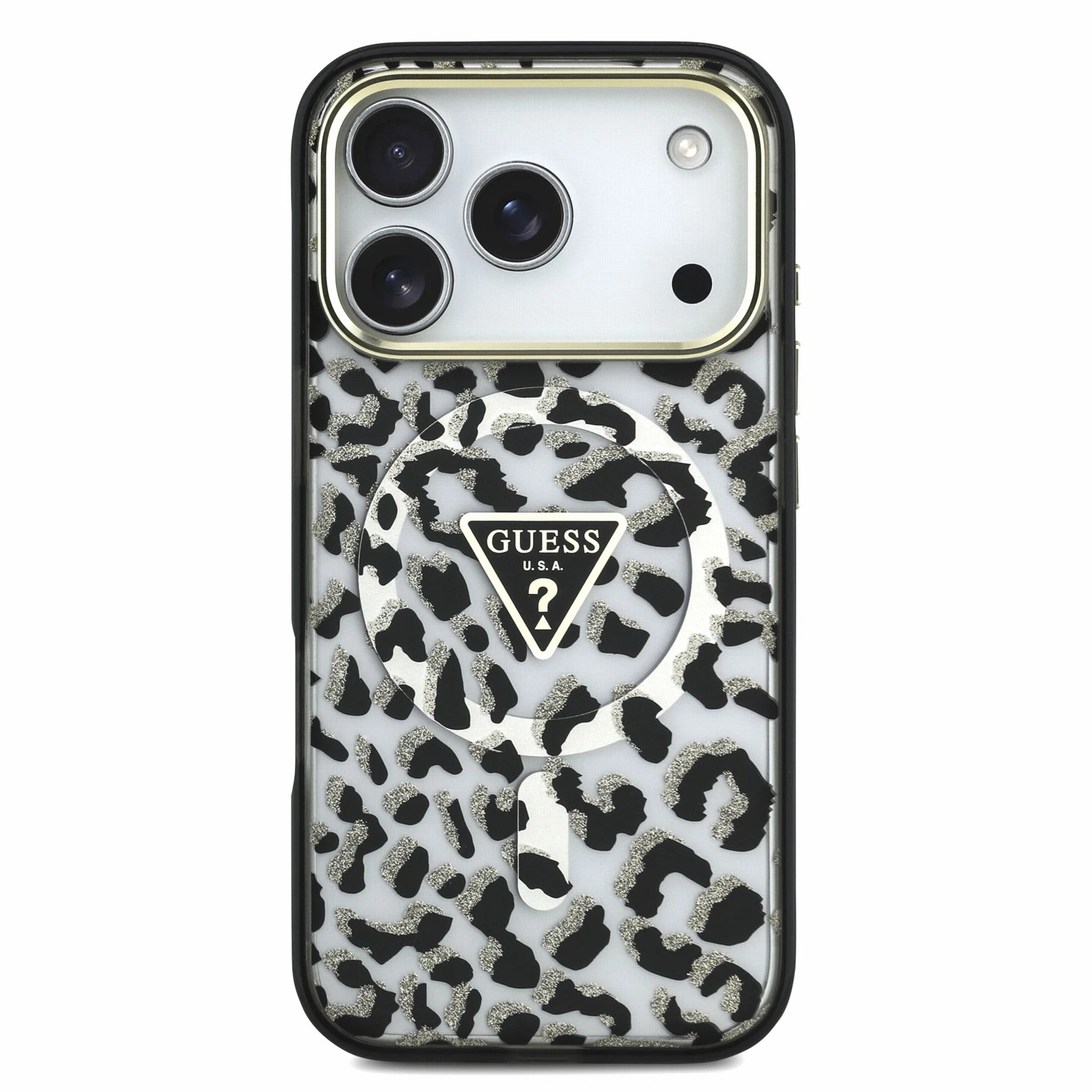 Guess IML Glitter Leopard Triangle Logo MagSafe Zadní Kryt pro iPhone 18 Pro Max Black