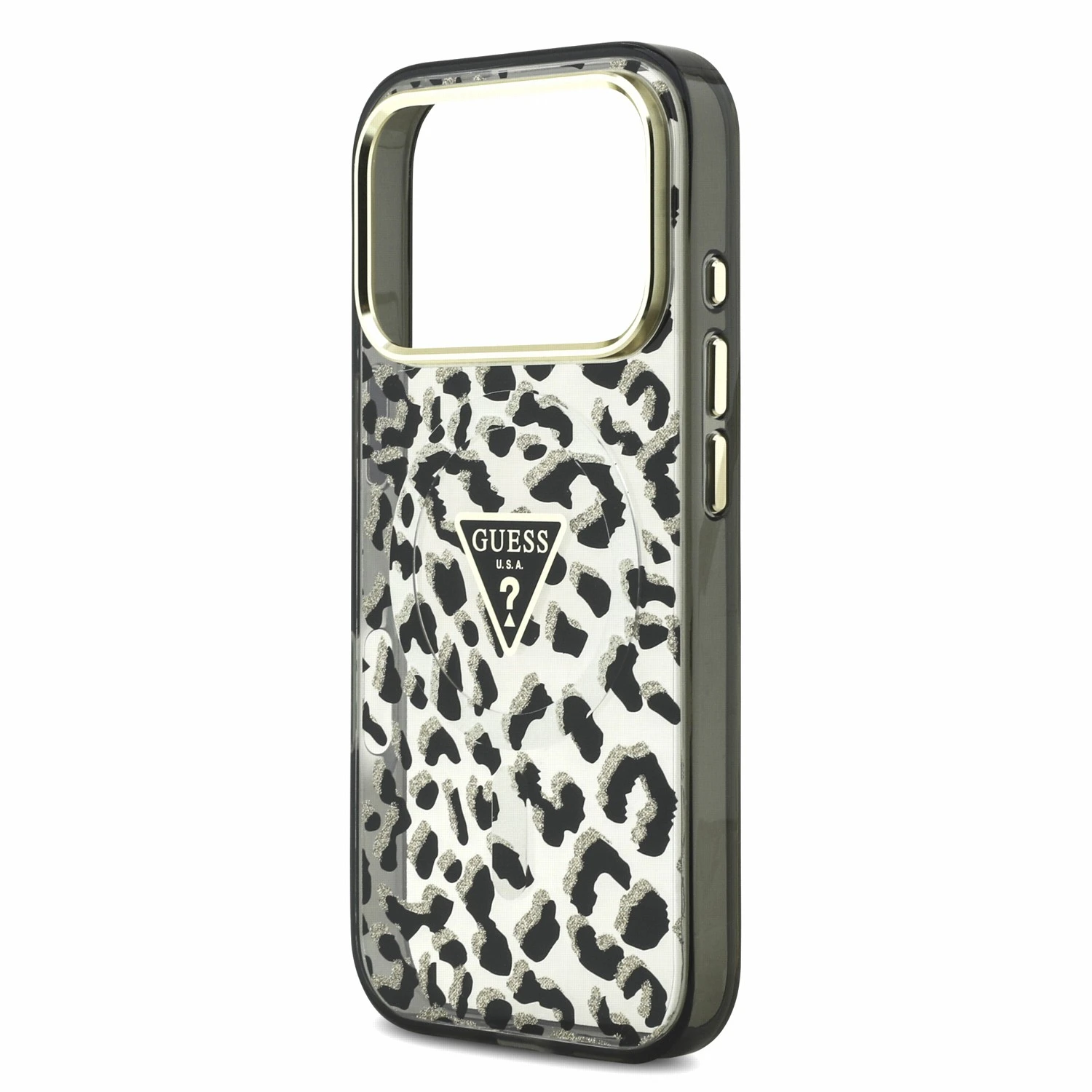 Guess IML Glitter Leopard Triangle Logo MagSafe Zadní Kryt pro iPhone 18 Pro Max Black