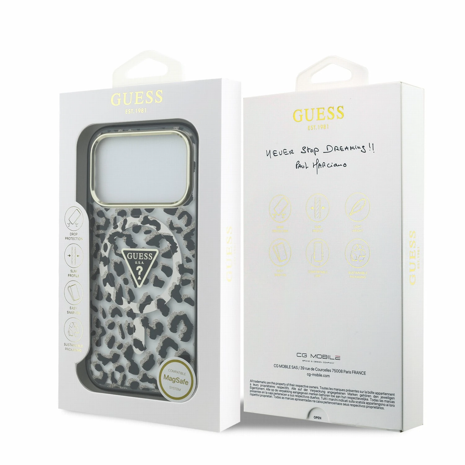 Guess IML Glitter Leopard Triangle Logo MagSafe Zadní Kryt pro iPhone 18 Pro Max Black