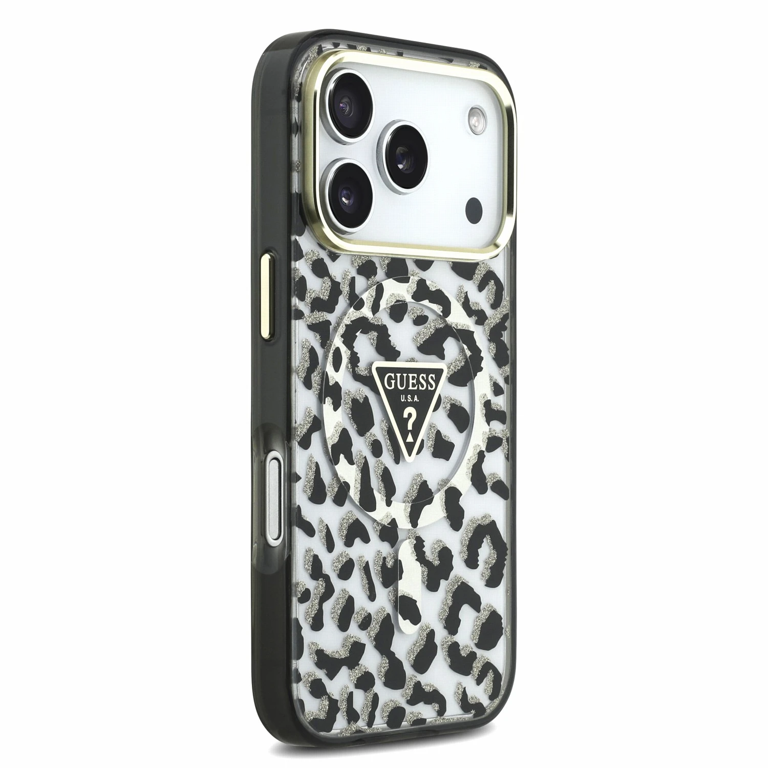 Guess IML Glitter Leopard Triangle Logo MagSafe Zadní Kryt pro iPhone 18 Pro Black