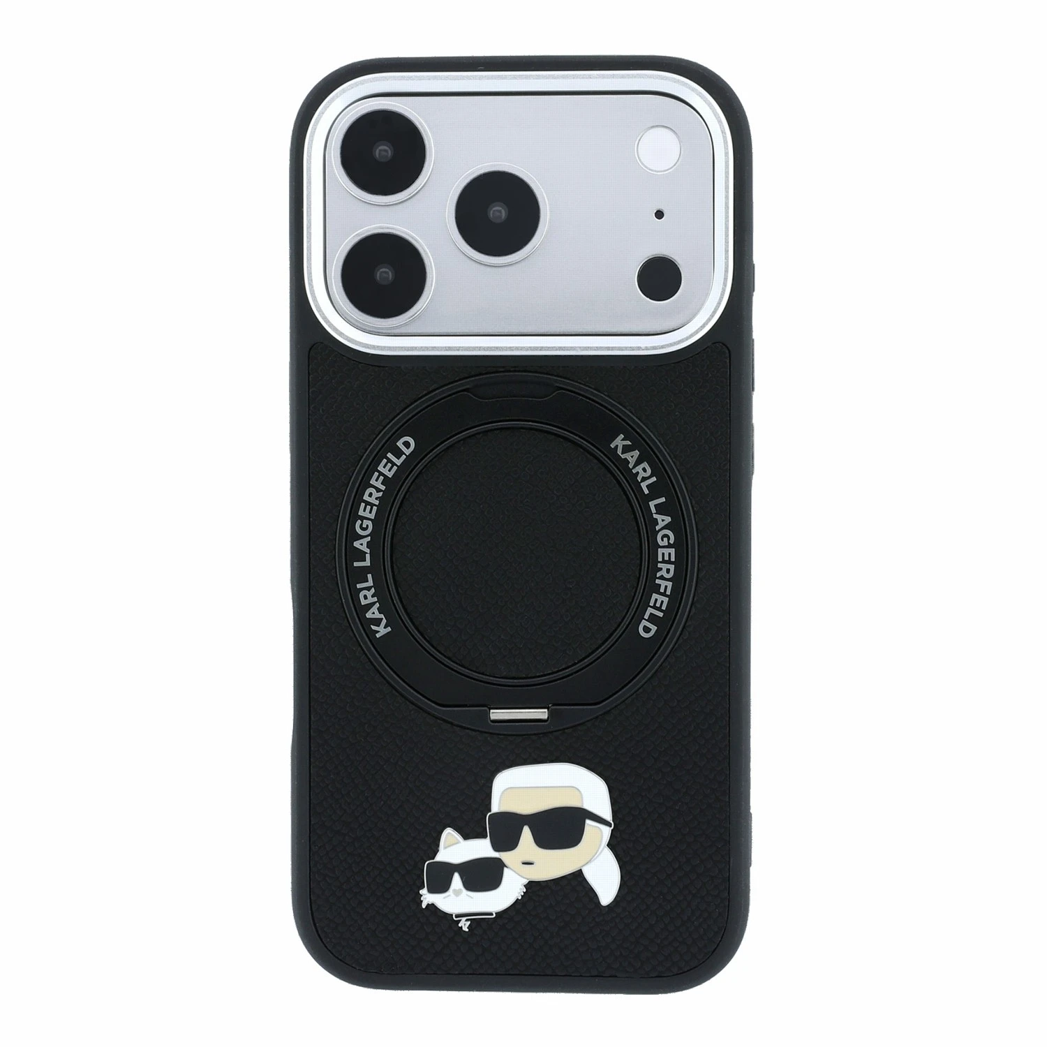 Karl Lagerfeld PU Grained K&CH Heads Ring Stand Magsafe Zadní Kryt pro iPhone 18 Pro Max Black