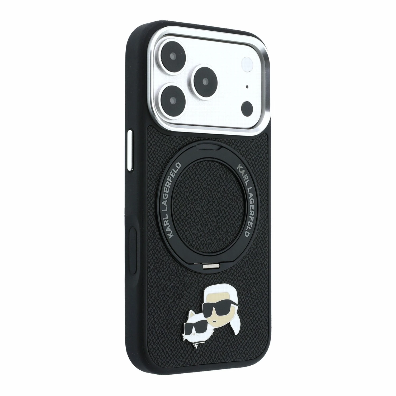 Karl Lagerfeld PU Grained K&CH Heads Ring Stand Magsafe Zadní Kryt pro iPhone 18 Pro Max Black