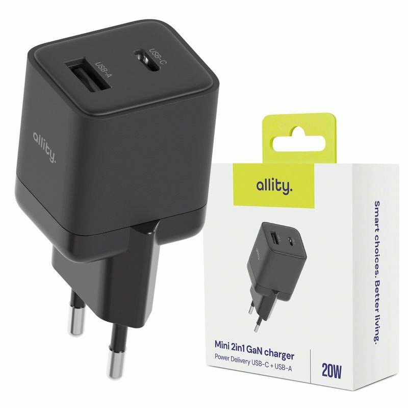 Nabíječka do sítě Allity ATC-01-20WAC 20W, 1xUSB, 1xUSB-C, černá