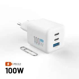 Síťová GaN nabíječka FIXED Mini s 2xUSB-C a USB výstupem, podpora PD, 100W, bílá