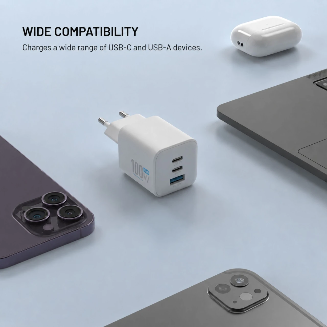 Síťová GaN nabíječka FIXED Mini s 2xUSB-C a USB výstupem, podpora PD, 100W, bílá