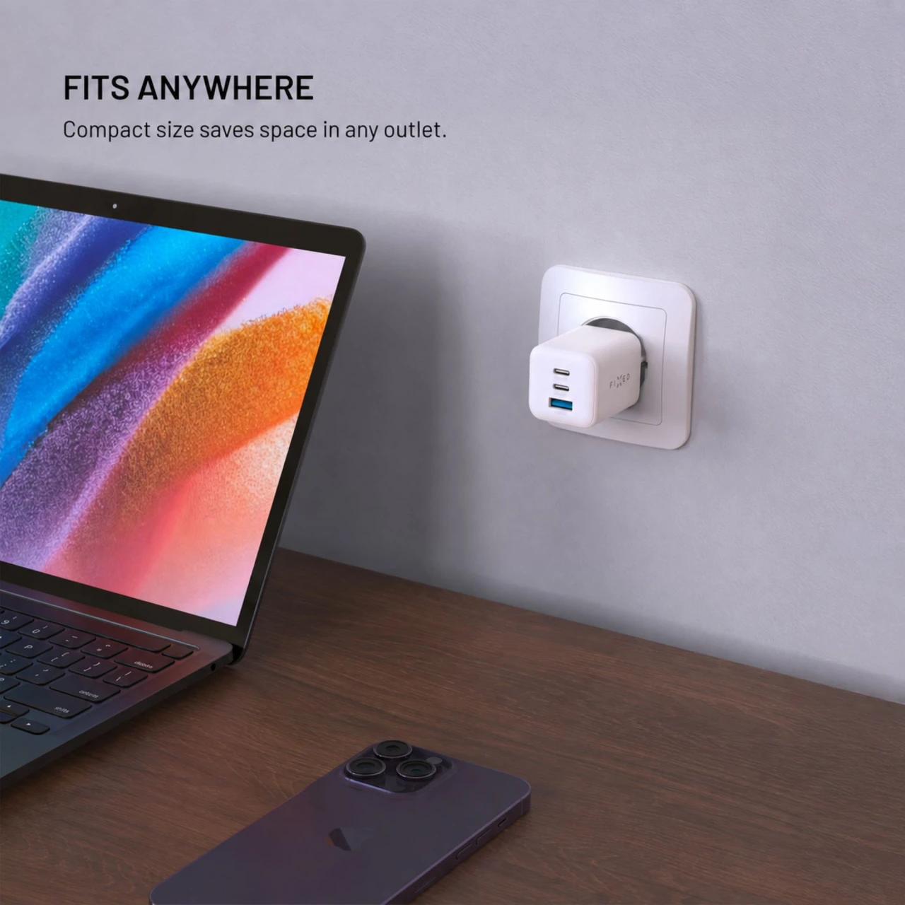 Síťová GaN nabíječka FIXED Mini s 2xUSB-C a USB výstupem, podpora PD, 100W, bílá