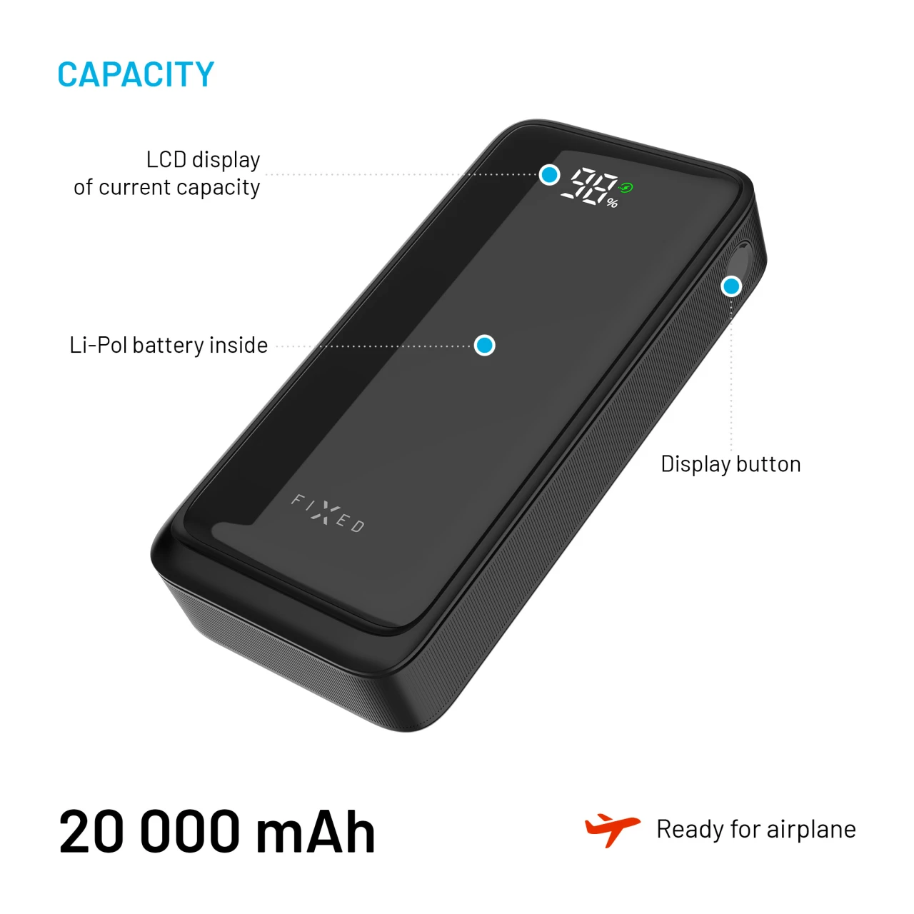 Powerbanka FIXED Zen2 20 s LCD displejem a výstupem PD 20W, 20 000 mAh, černá