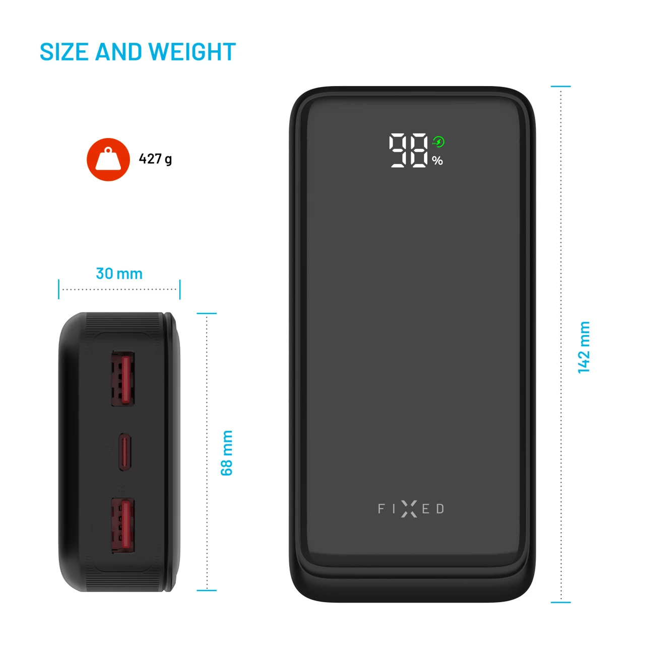 Powerbanka FIXED Zen2 20 s LCD displejem a výstupem PD 20W, 20 000 mAh, černá