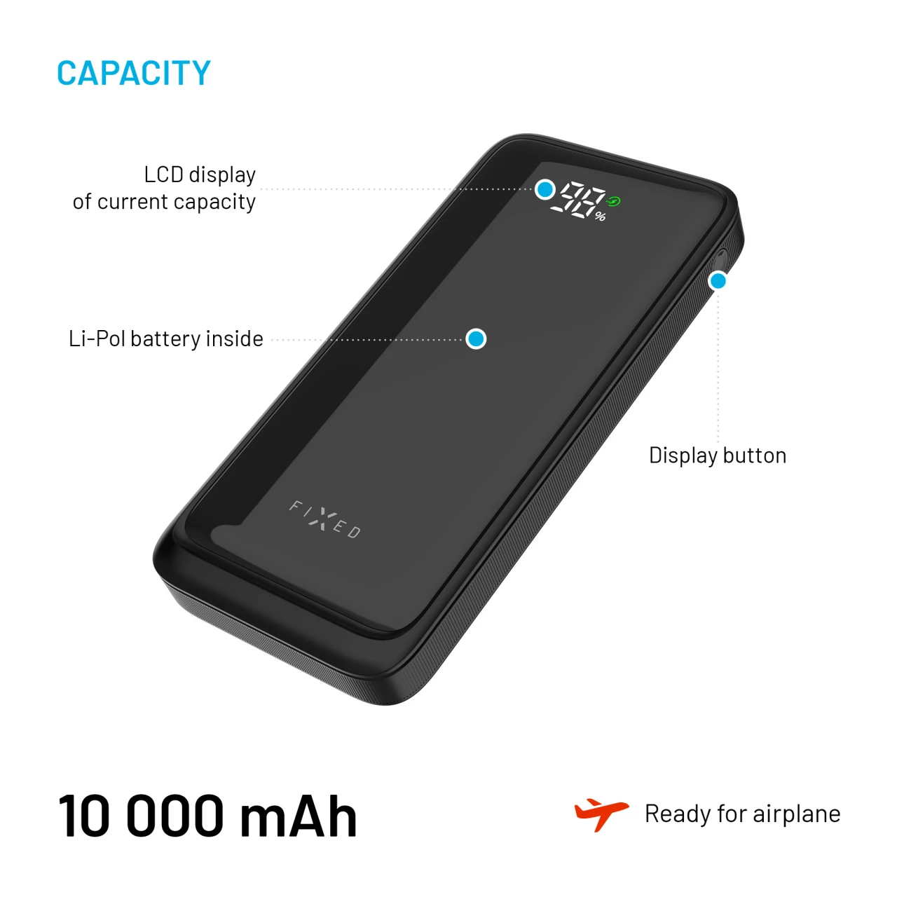 Powerbanka FIXED Zen2 10 s LCD displejem a výstupem PD 20W, 10 000 mAh, černá