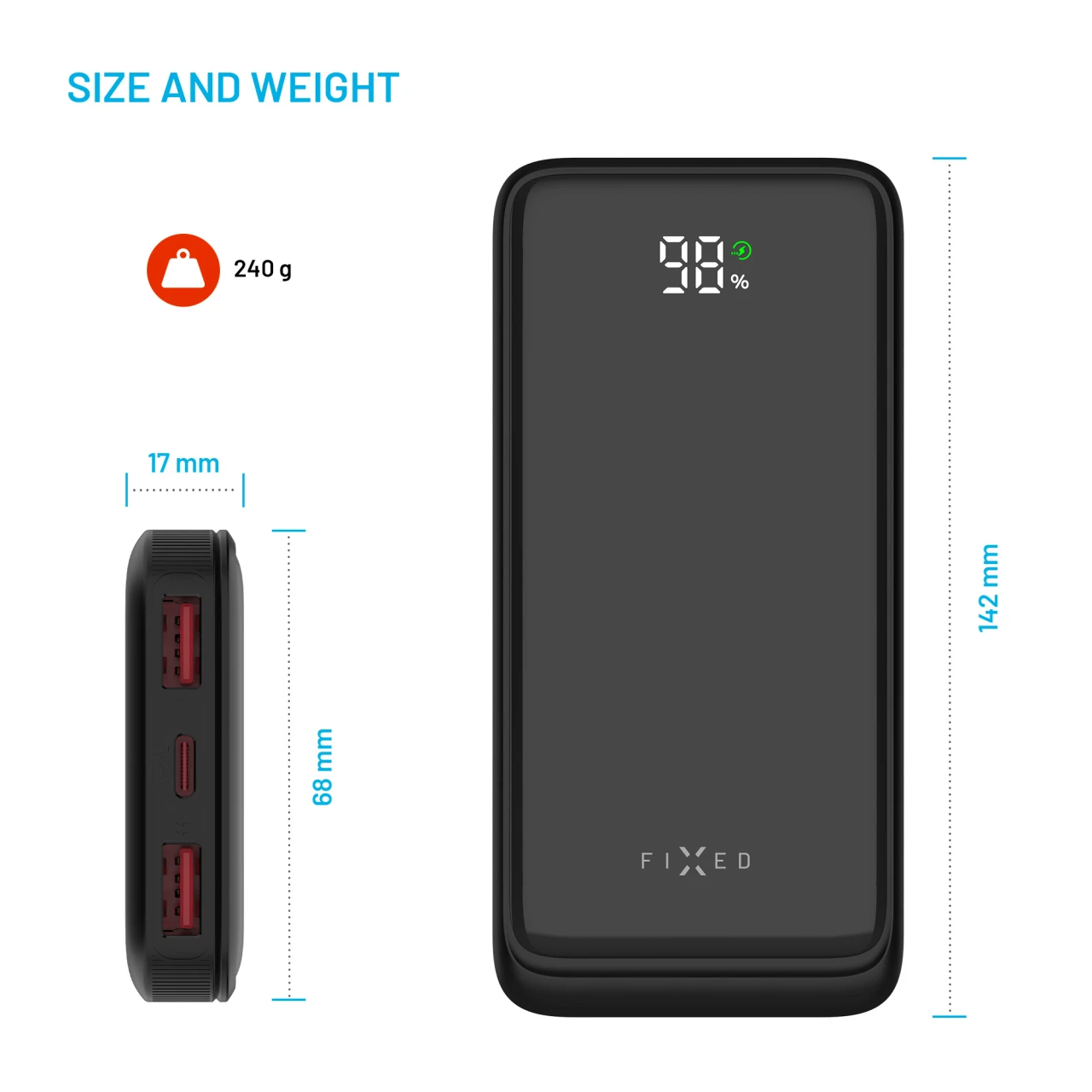 Powerbanka FIXED Zen2 10 s LCD displejem a výstupem PD 20W, 10 000 mAh, černá