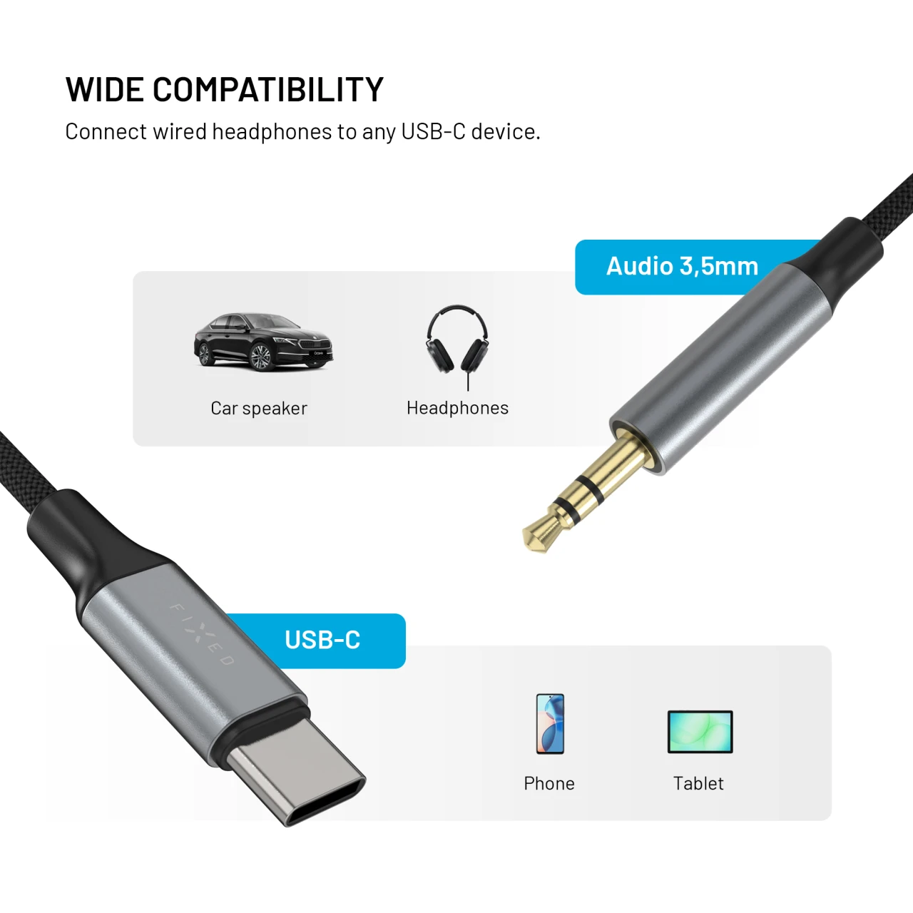 Audio kabel FIXED Link USB-C na 3,5mm jack, 1.5m, space gray