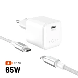 Set síťové GaN nabíječky FIXED Mini s USB-C výstupem a USB-C/USB-C kabelu, podpora PD, 2 metry, 65W, bílá