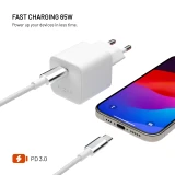 Set síťové GaN nabíječky FIXED Mini s USB-C výstupem a USB-C/USB-C kabelu, podpora PD, 2 metry, 65W, bílá