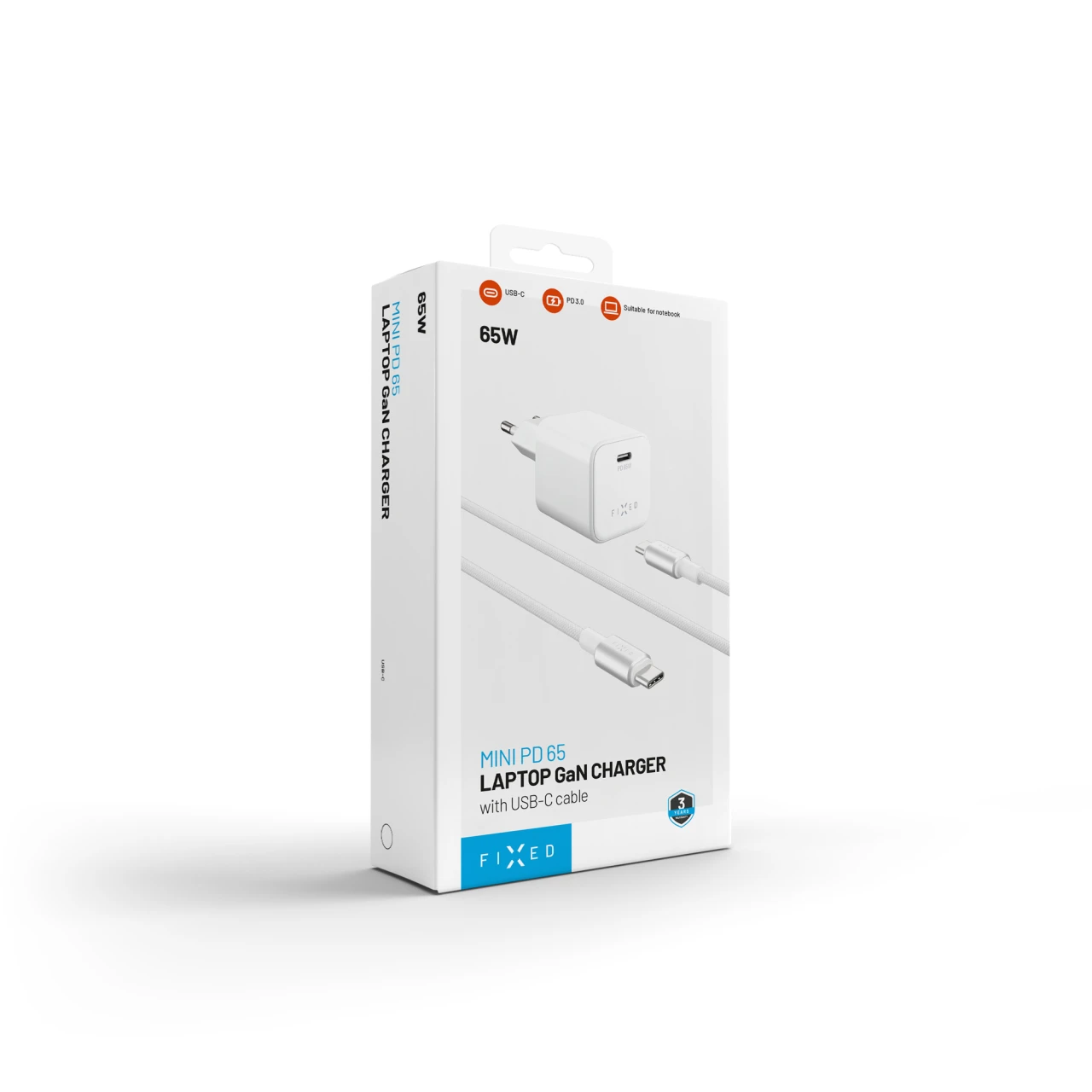 Set síťové GaN nabíječky FIXED Mini s USB-C výstupem a USB-C/USB-C kabelu, podpora PD, 2 metry, 65W, bílá