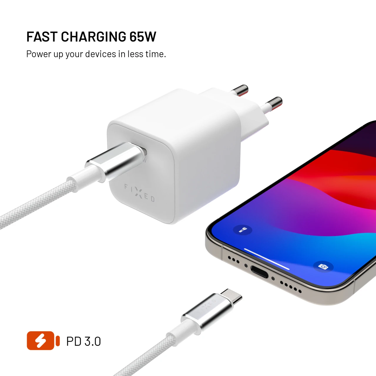 Set síťové GaN nabíječky FIXED Mini s USB-C výstupem a USB-C/USB-C kabelu, podpora PD, 2 metry, 65W, bílá