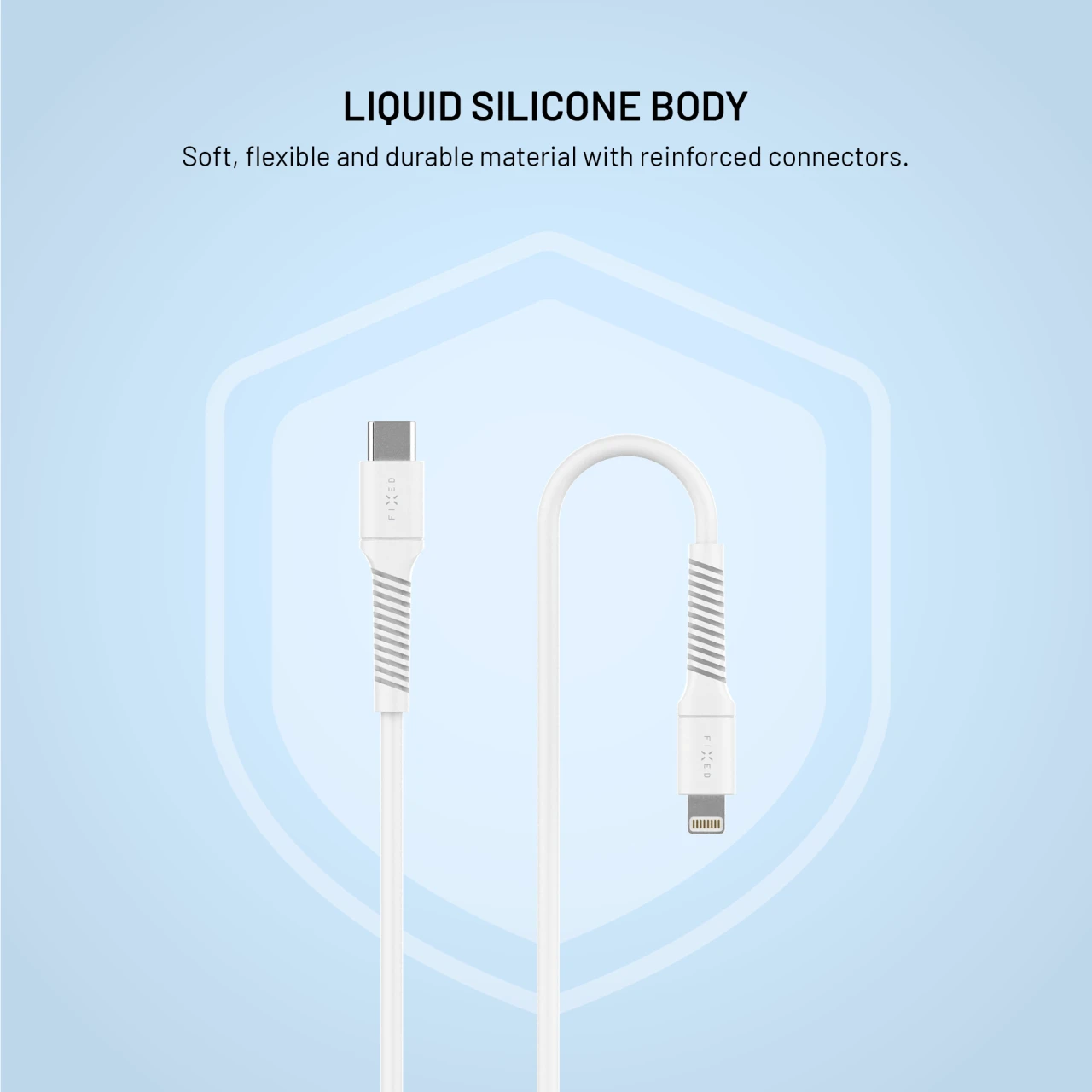 Nabíjecí a datový Liquid silicone kabel FIXED s konektory USB-C/Lightning a podporou PD, 1.2m, USB 2.0, 60W, bílá