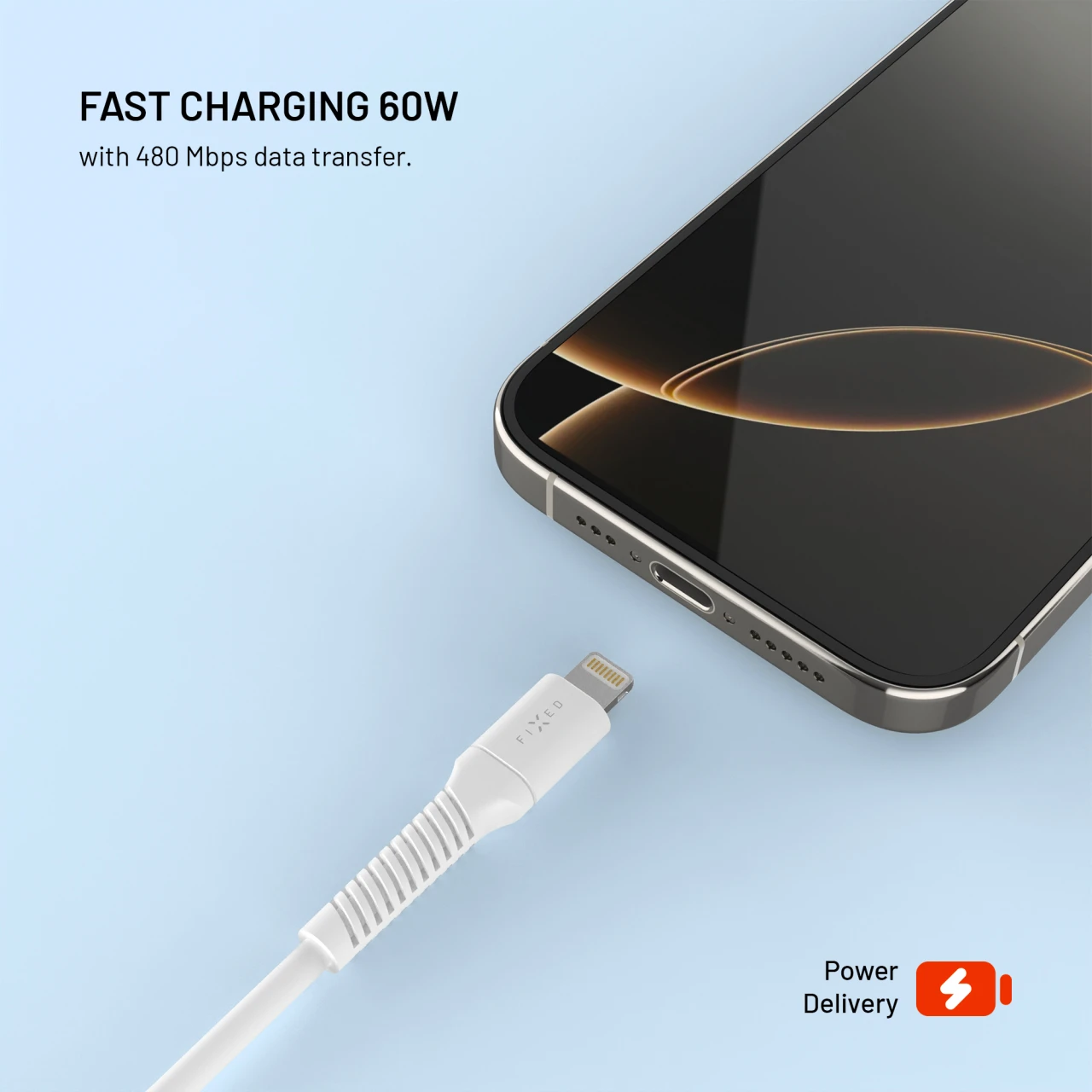 Nabíjecí a datový Liquid silicone kabel FIXED s konektory USB-C/Lightning a podporou PD, 1.2m, USB 2.0, 60W, bílá