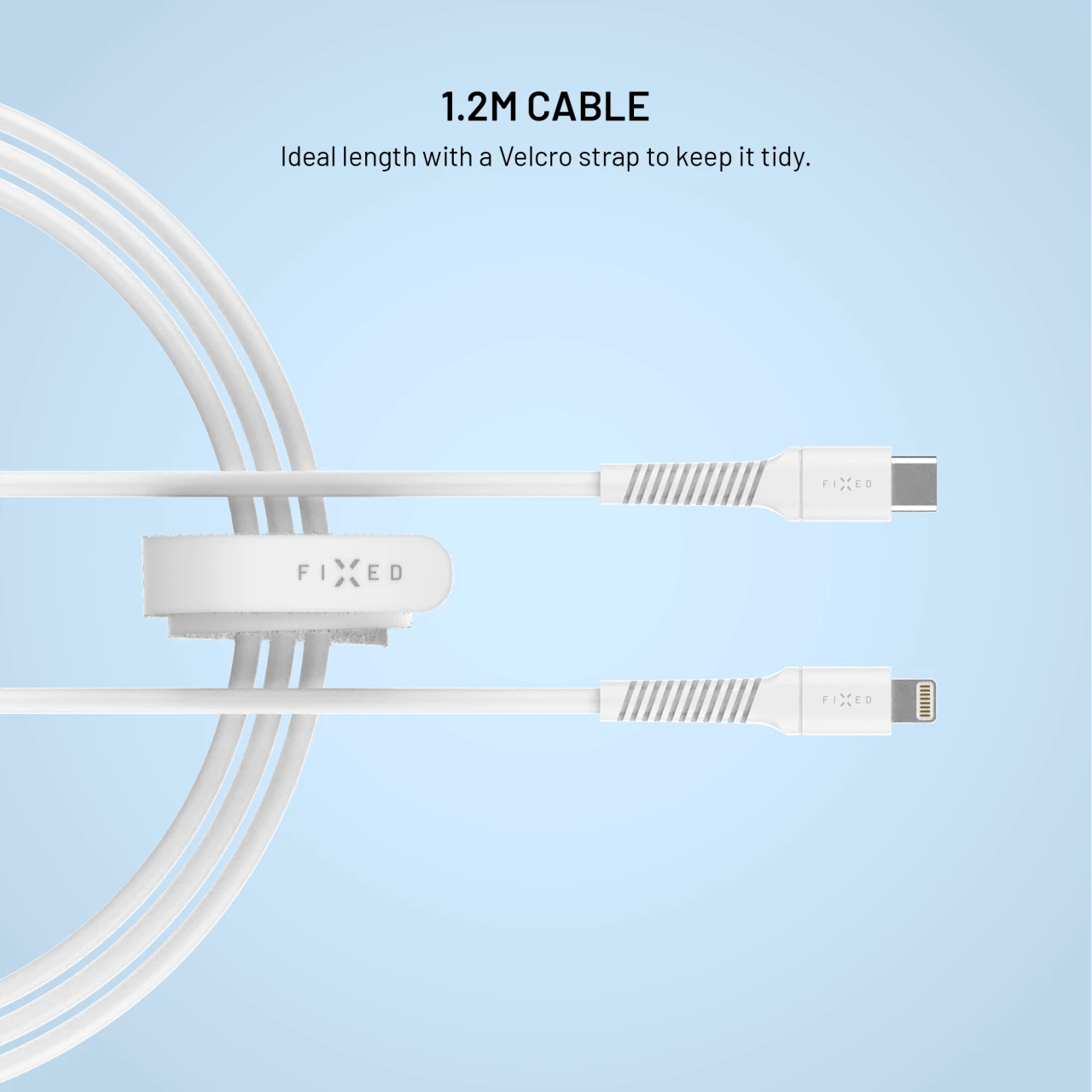 Nabíjecí a datový Liquid silicone kabel FIXED s konektory USB-C/Lightning a podporou PD, 1.2m, USB 2.0, 60W, bílá