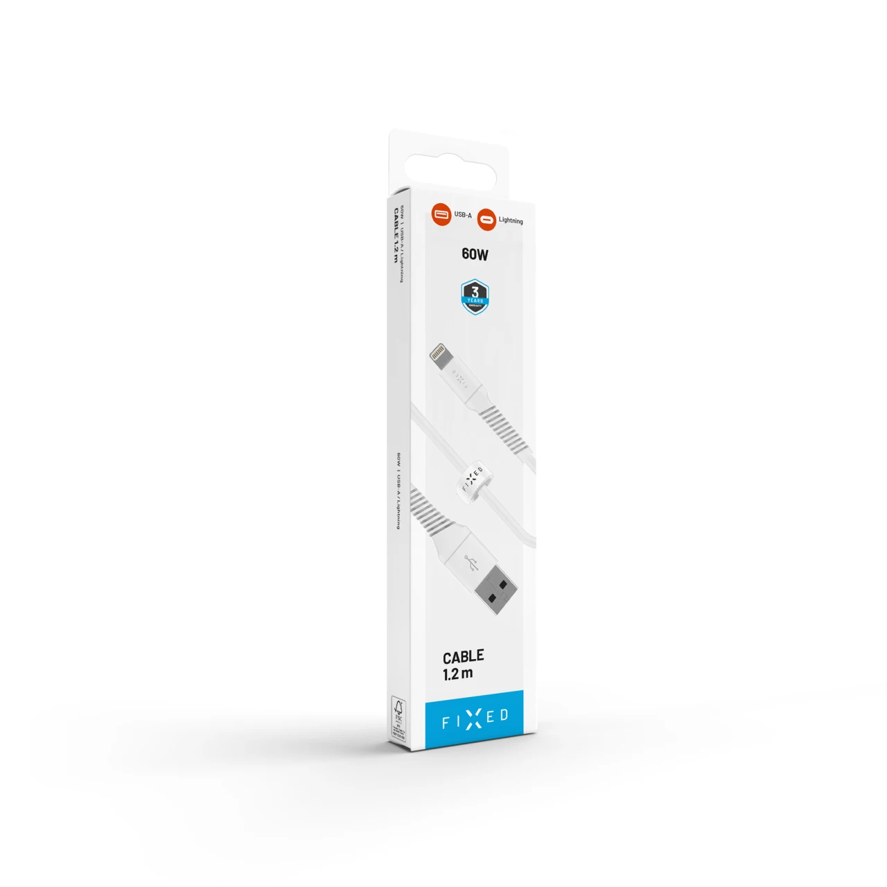 Datový a nabíjecí kabel FIXED s konektory USB/Lightning, 1.2m, USB 2.0, bílá