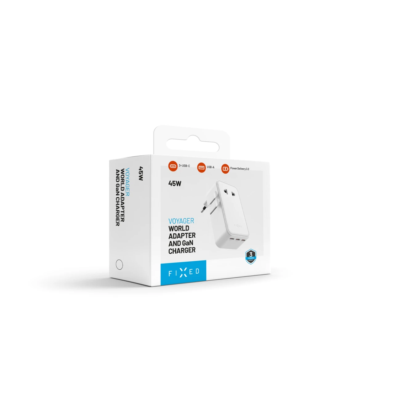 Cestovní adaptér FIXED Voyager Slim 45W pro EU, UK a USA/AUS, s 3xUSB-C a USB výstupem, GaN, PD 45W, bílá