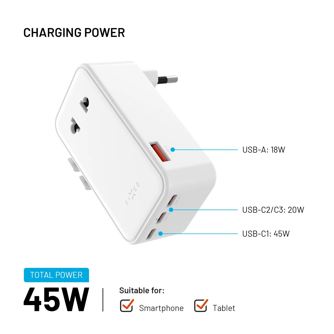 Cestovní adaptér FIXED Voyager Slim 45W pro EU, UK a USA/AUS, s 3xUSB-C a USB výstupem, GaN, PD 45W, bílá