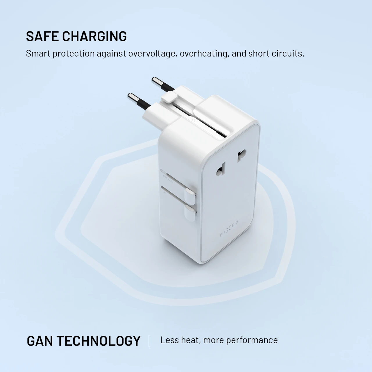 Cestovní adaptér FIXED Voyager Slim 45W pro EU, UK a USA/AUS, s 3xUSB-C a USB výstupem, GaN, PD 45W, bílá