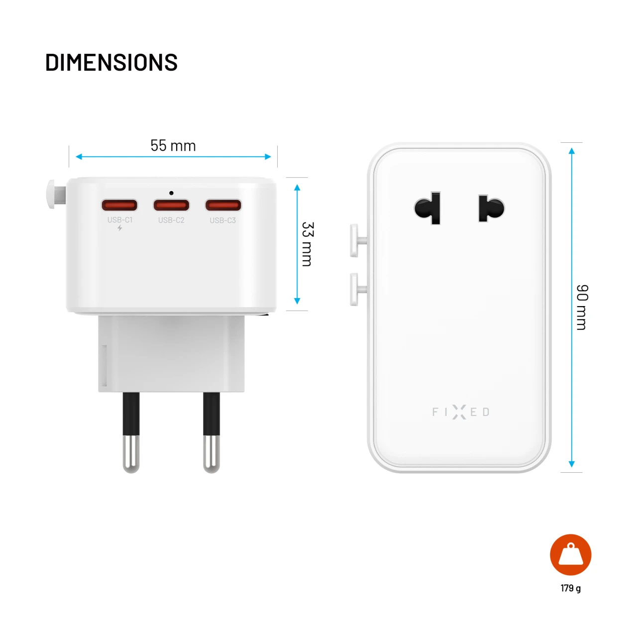 Cestovní adaptér FIXED Voyager Slim 45W pro EU, UK a USA/AUS, s 3xUSB-C a USB výstupem, GaN, PD 45W, bílá