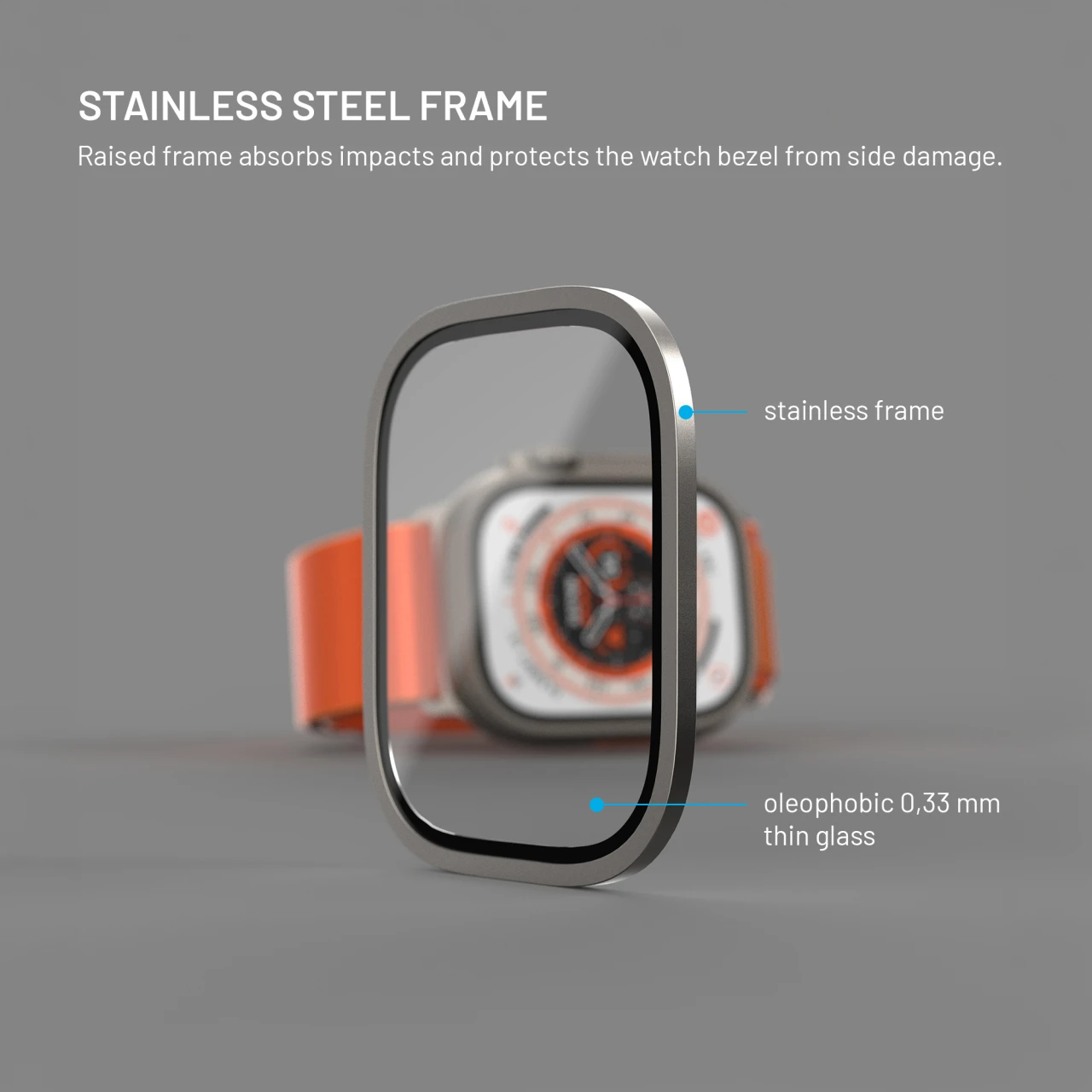 Prémiové ochranné tvrzené sklo FIXED Armor s ocelovým rámečkem pro Apple Watch Ultra 49mm, titanové