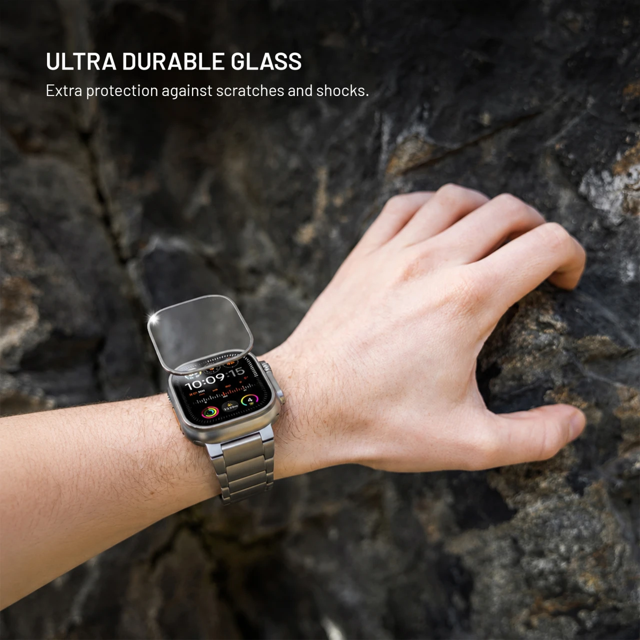 Prémiové ochranné tvrzené sklo FIXED Armor s ocelovým rámečkem pro Apple Watch Ultra 49mm, titanové