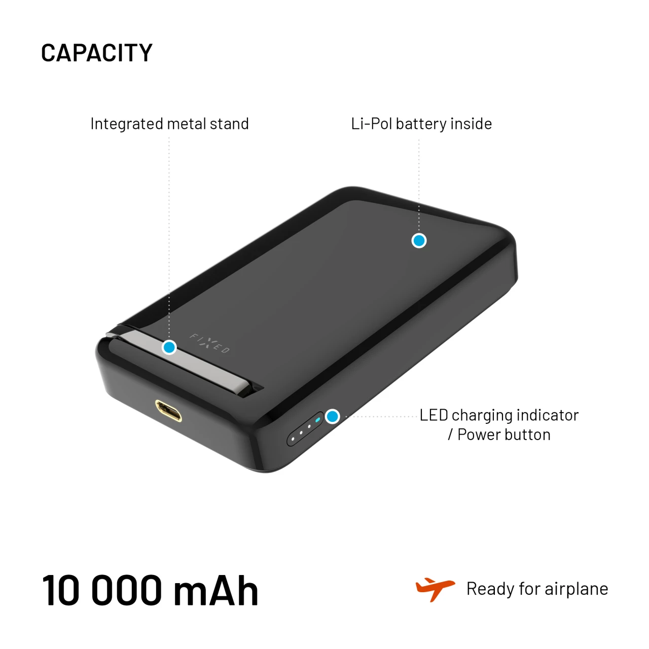 Powerbanka FIXED MagZen 10 Pro s bezdrátovým nabíjením se standardem Qi2 a podporou MagSafe, 10 000 mAh, černá