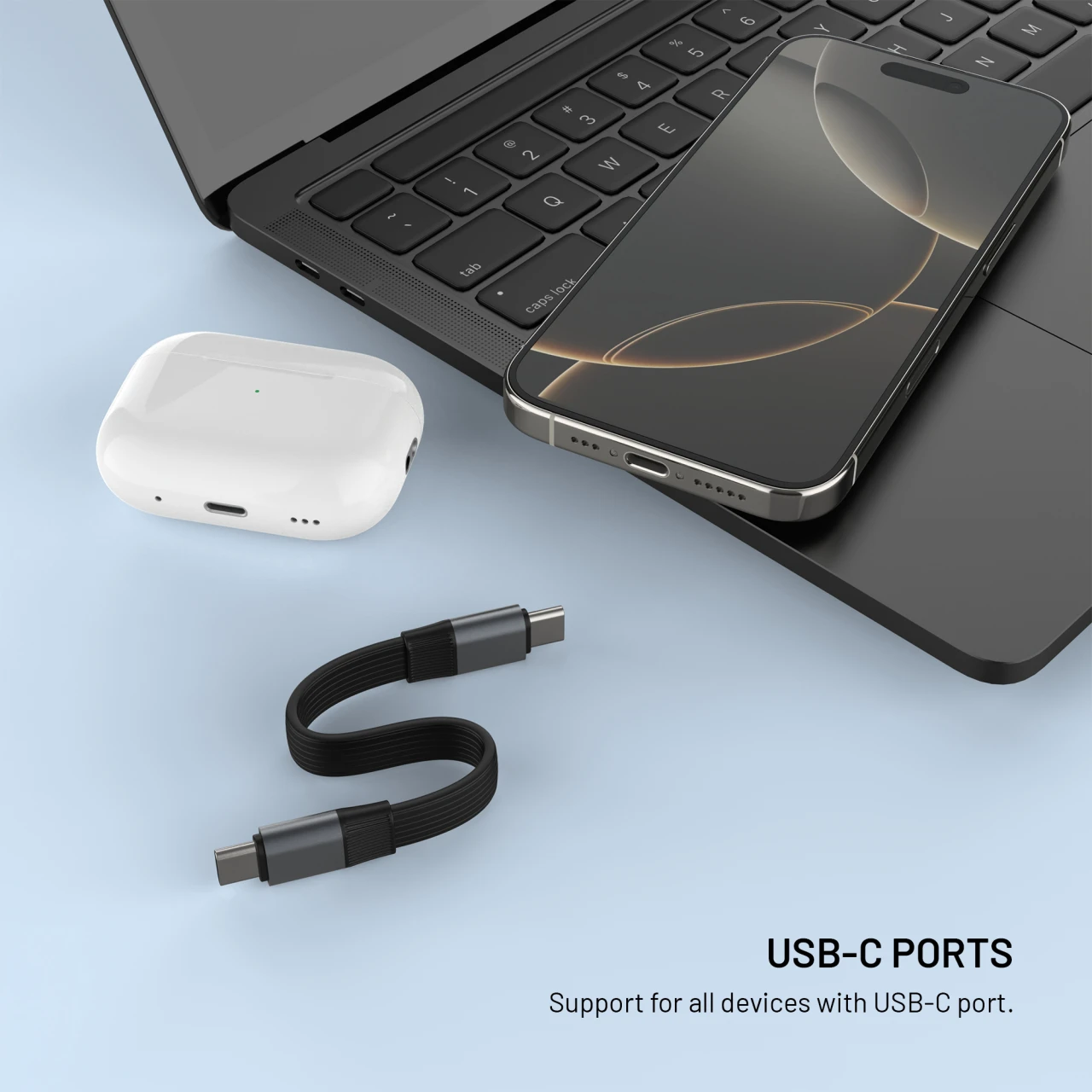 Kabel FIXED Clip Cable USB-C/USB-C, s karabinou, 3.2 Gen 2 10Gb/s, 4K60Hz, PD 240W, černá
