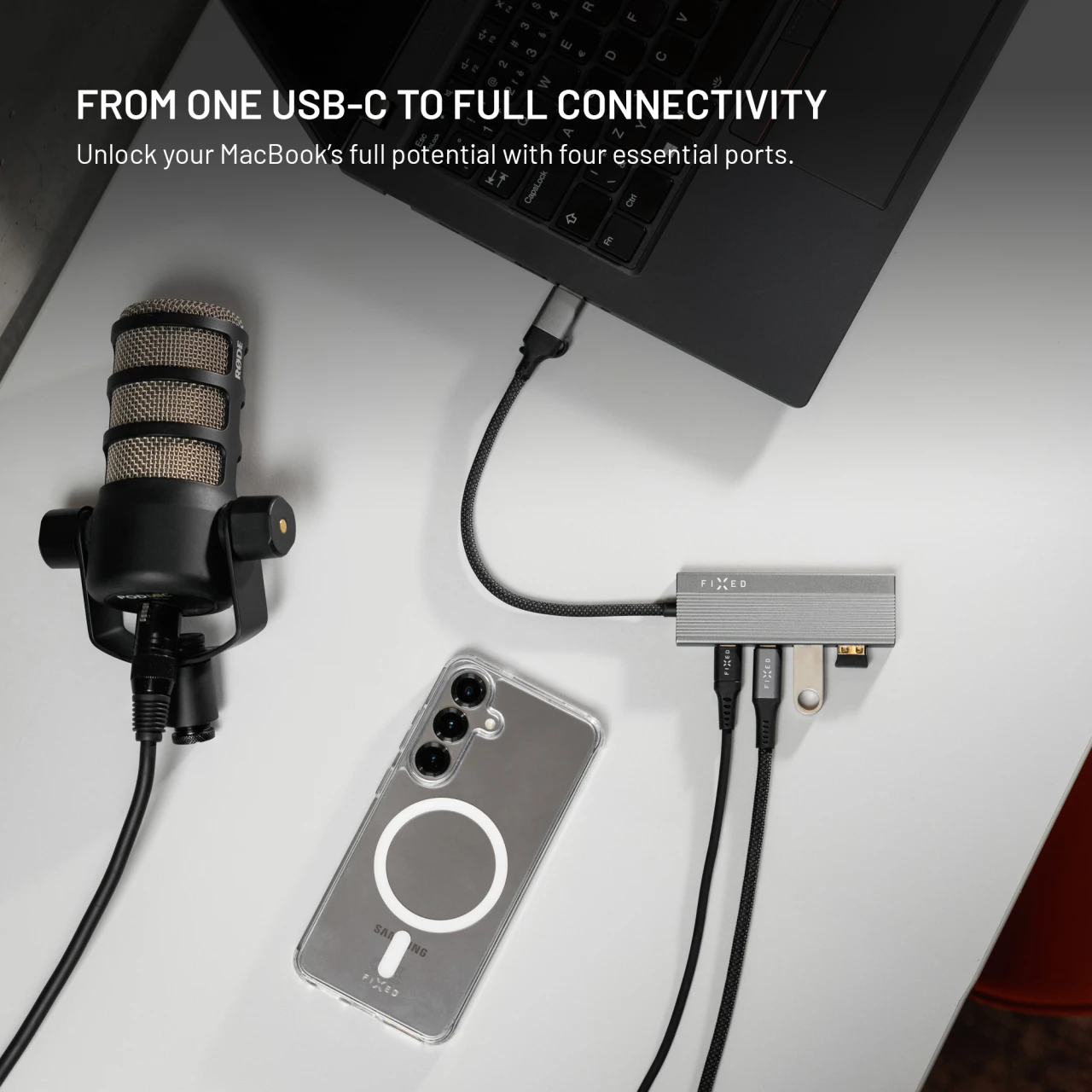 4-portový hliníkový USB-C FIXED HUB Port s USB-A adaptérem, space gray