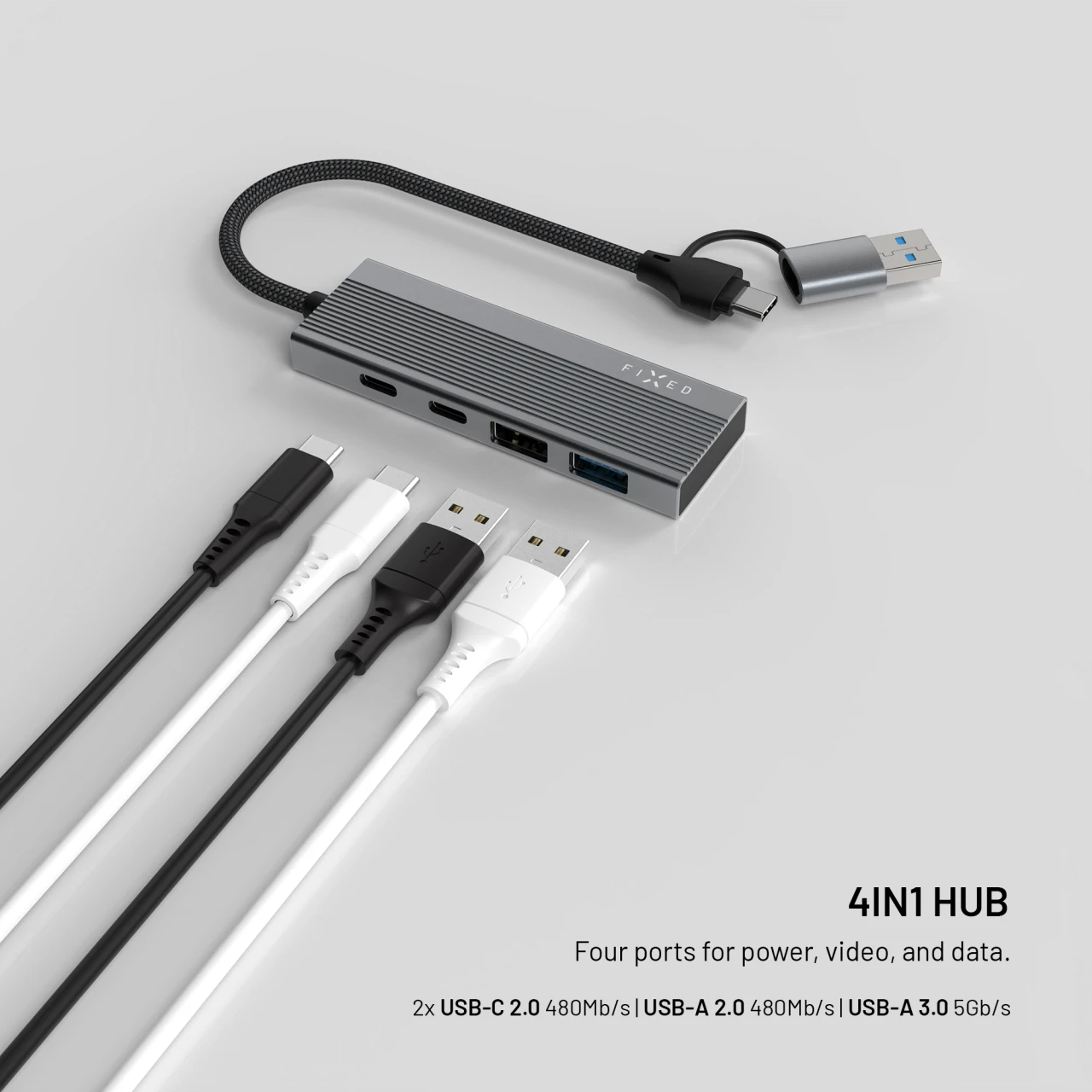 4-portový hliníkový USB-C FIXED HUB Port s USB-A adaptérem, space gray