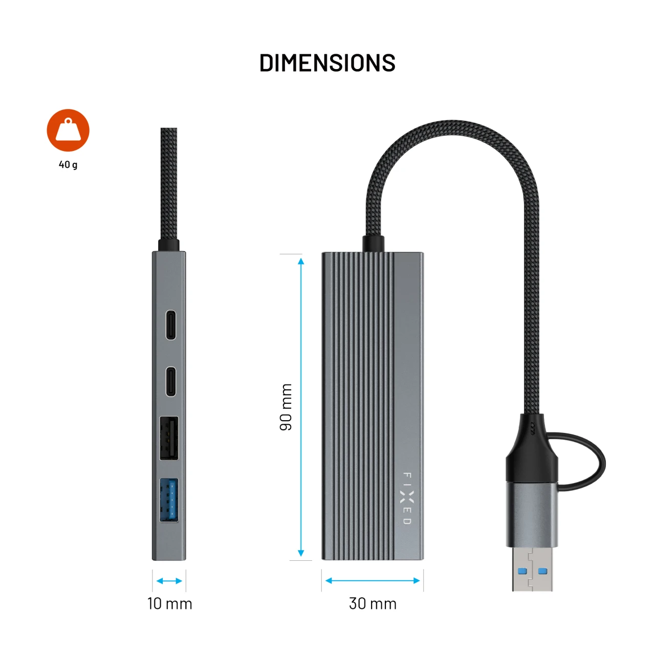 4-portový hliníkový USB-C FIXED HUB Port s USB-A adaptérem, space gray