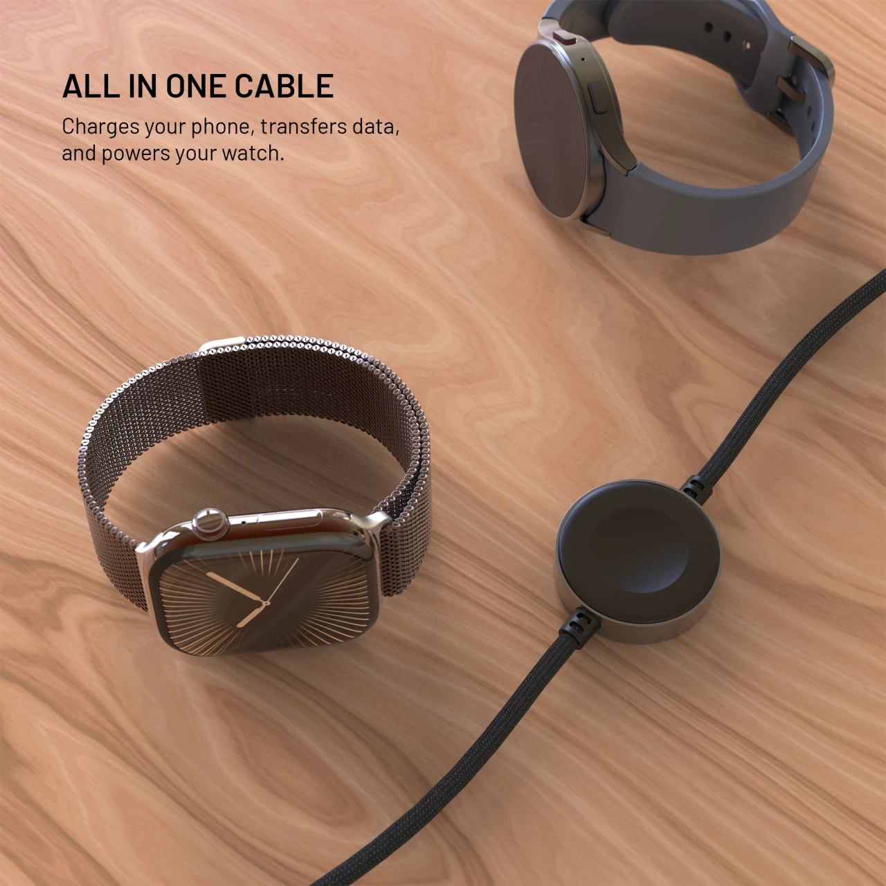 Opletený kabel FIXED Power Watch Cable s konektory USB-C/USB-C a Apple/Samsung Watch nabíječkou, 1.5m, PD 60W, šedý