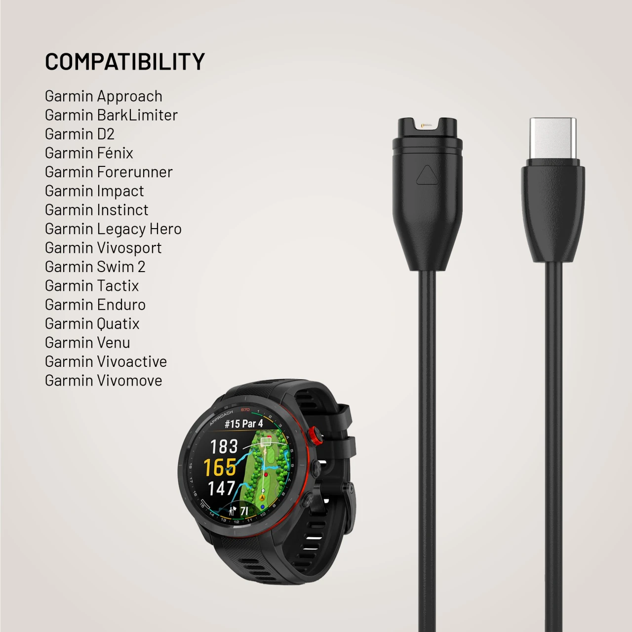 Nabíjecí USB-C kabel FIXED pro smartwatch Garmin Forerunner/Fenix/Venu/Vívoactive/Instinct, 2m, černá