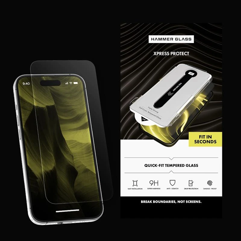 Sklo Hammer Glass Xpress Protect pro Apple iPhone 18 Pro/17 Pro s instalačním rámečkem