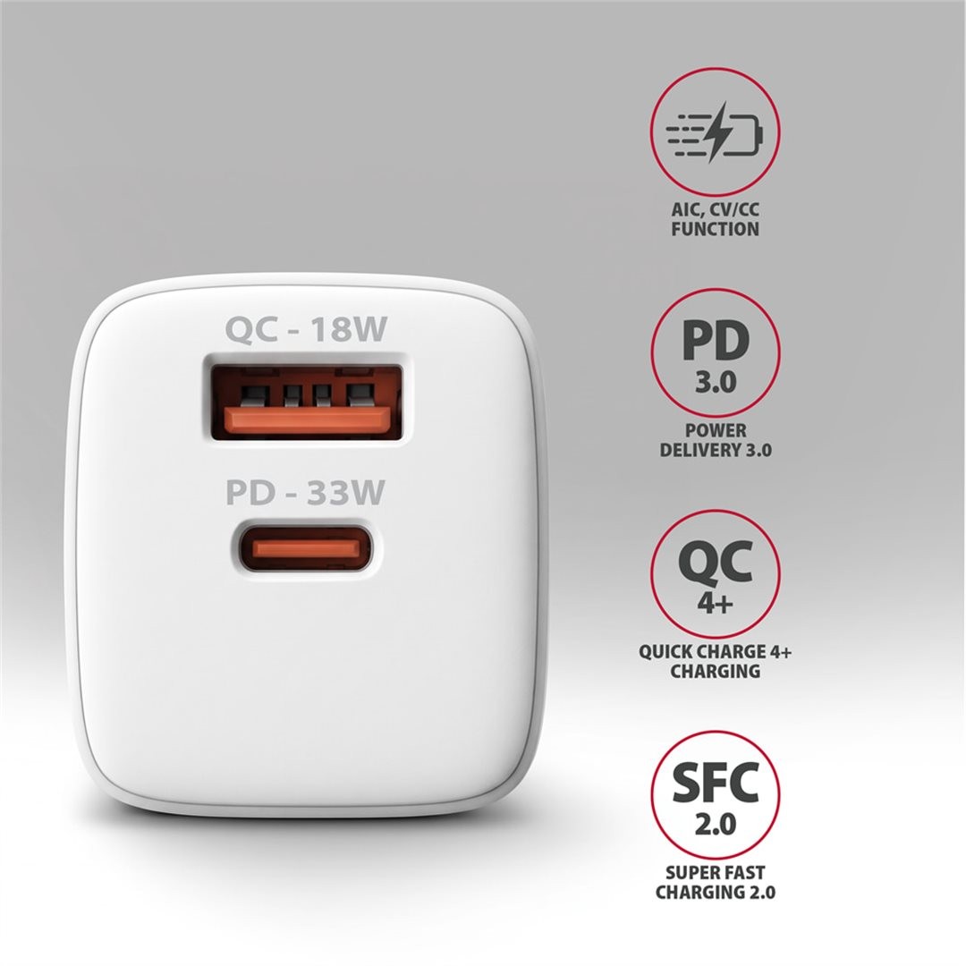 AXAGON ACU-PQ33W, GaN nabíječka do sítě 33W, USB-A + USB-C, PD3.0/PPS/QC4+/SFC2.0/Apple, bílá