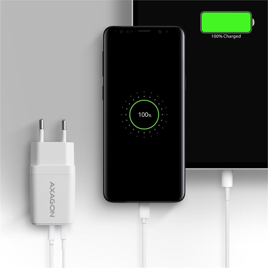 AXAGON ACU-PQ33W, GaN nabíječka do sítě 33W, USB-A + USB-C, PD3.0/PPS/QC4+/SFC2.0/Apple, bílá
