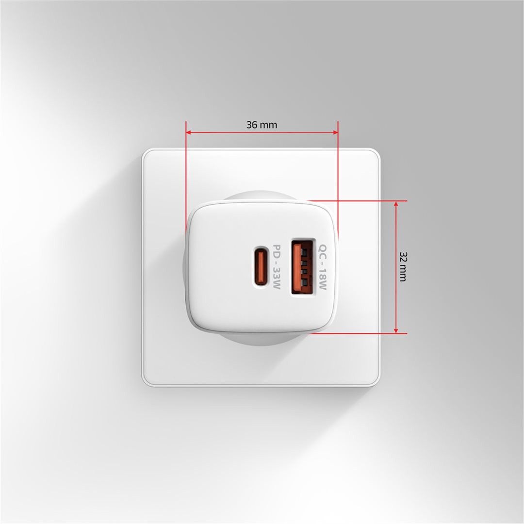 AXAGON ACU-PQ33W, GaN nabíječka do sítě 33W, USB-A + USB-C, PD3.0/PPS/QC4+/SFC2.0/Apple, bílá