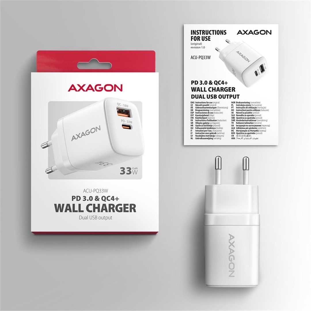 AXAGON ACU-PQ33W, GaN nabíječka do sítě 33W, USB-A + USB-C, PD3.0/PPS/QC4+/SFC2.0/Apple, bílá
