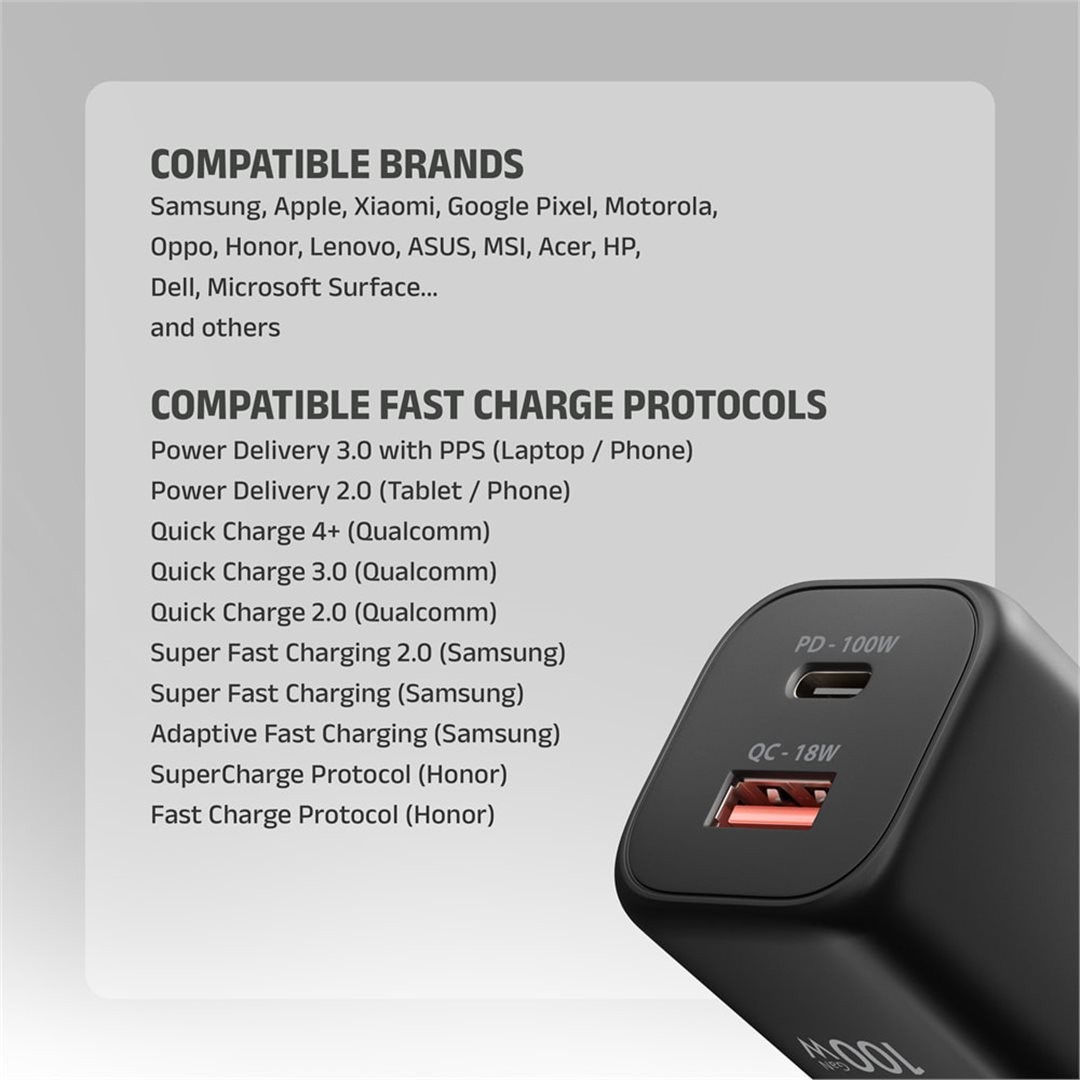 AXAGON ACU-PQ100, GaN nabíječka do sítě 100W, USB-A + USB-C, PD3.0/PPS/QC4+/SFC2.0/Apple, černá