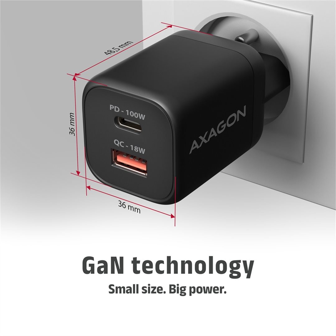 AXAGON ACU-PQ100, GaN nabíječka do sítě 100W, USB-A + USB-C, PD3.0/PPS/QC4+/SFC2.0/Apple, černá