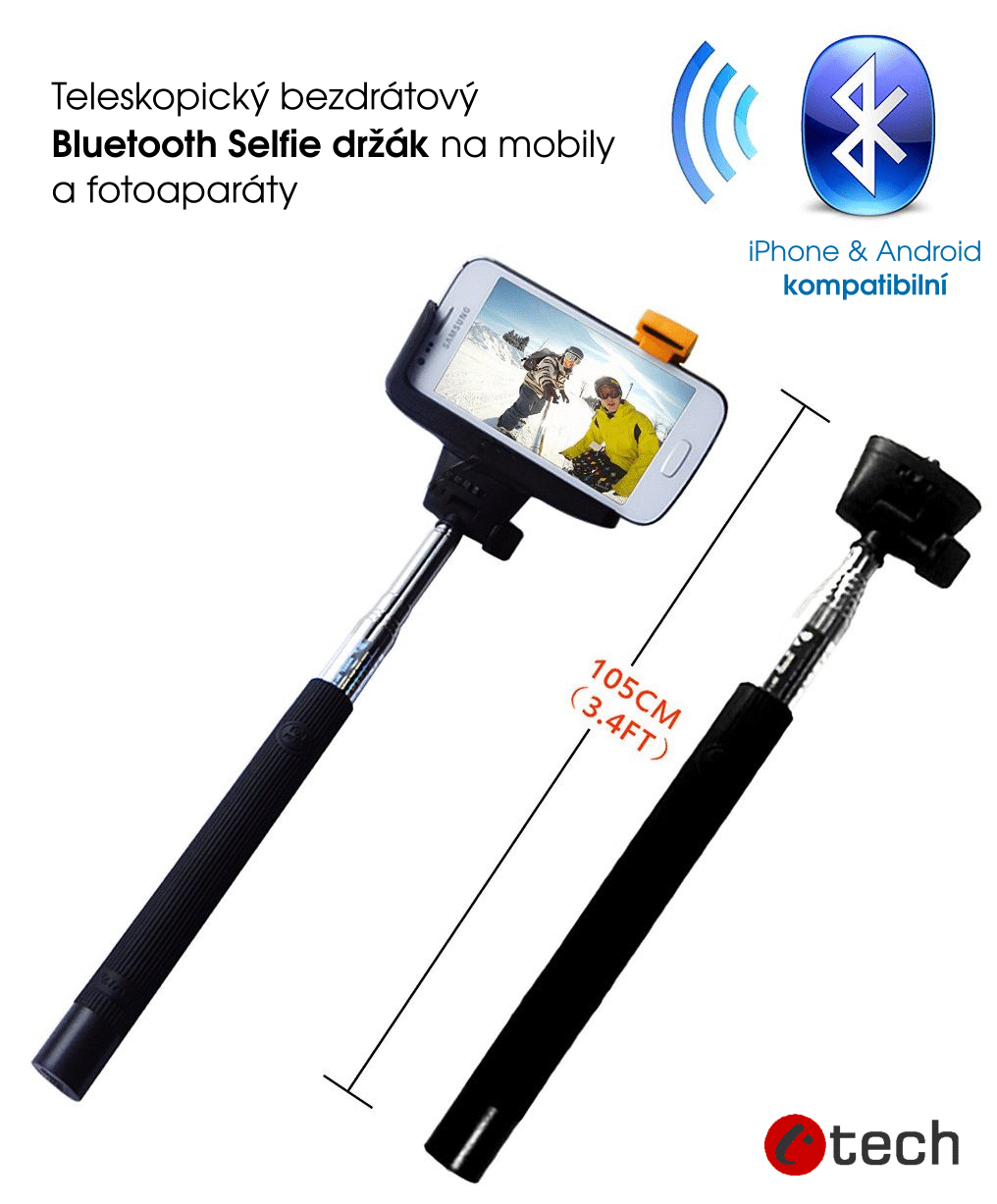 Teleskopický selfie držák bluetooth spoušť, černý