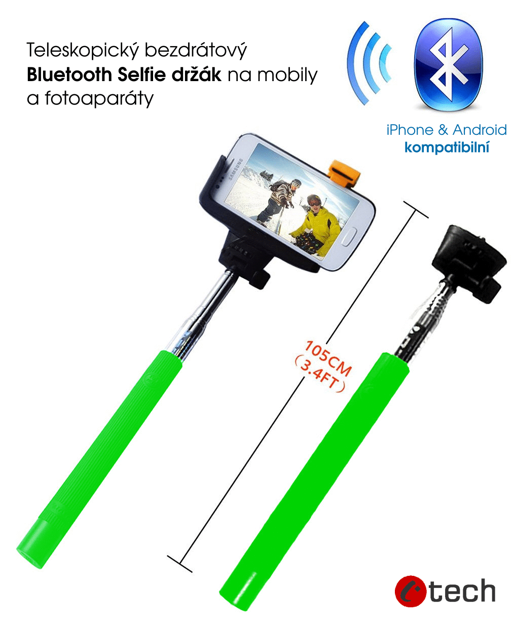 Teleskopický selfie držák bluetooth spoušť, zelená